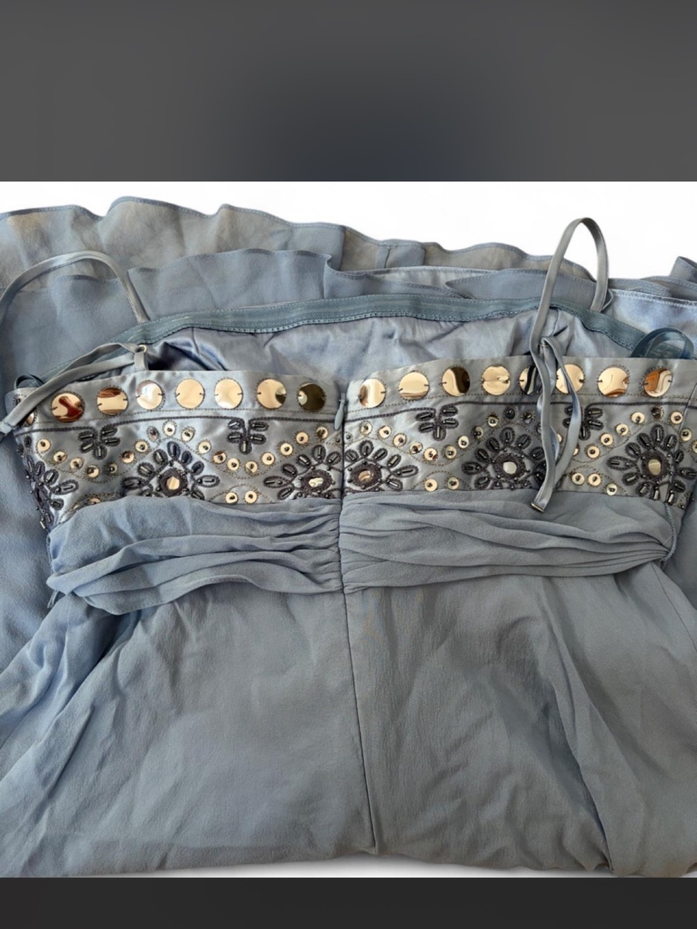 BCBGMaxAzria Dusty Blue Embellished Spaghetti-Strap Silk Dress - Picture 3 of 5